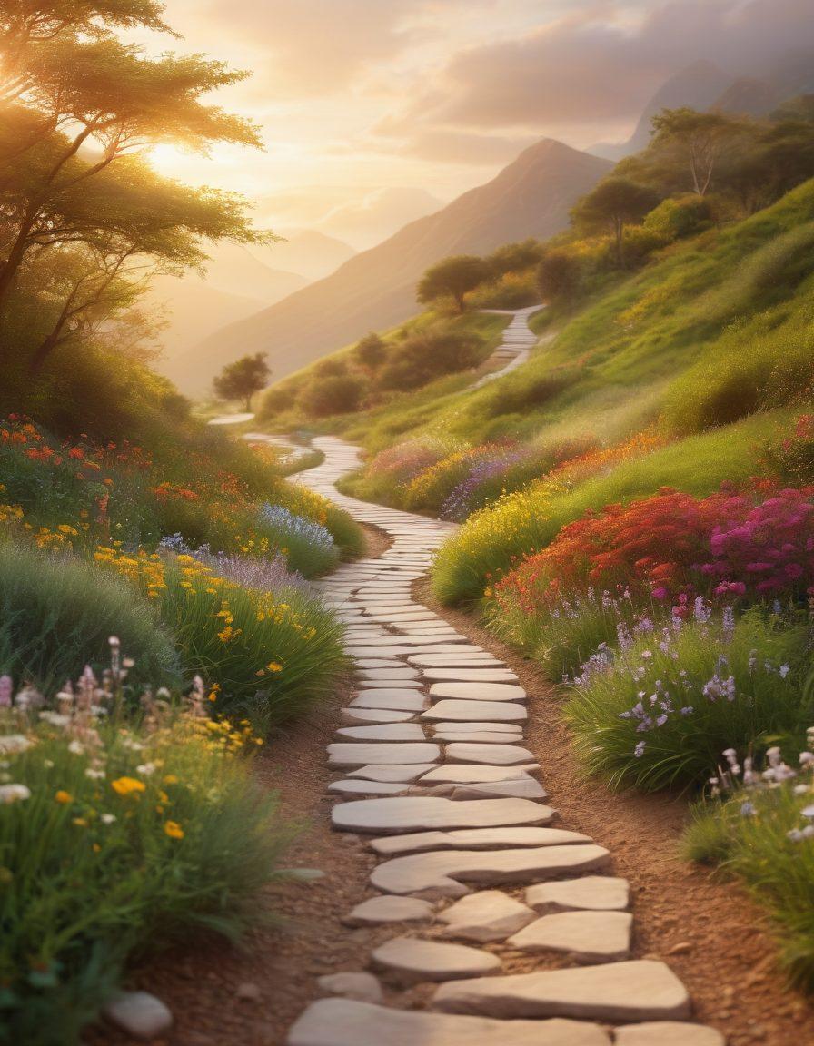 A serene landscape featuring a winding pathway symbolizing the journey from illness to wellness, with diverse people supporting each other along the way. Images of medical professionals offering compassion depict various treatment options, with warm light illuminating the scene. The backdrop transitions from gloomy to bright, representing hope and recovery. super-realistic. vibrant colors. soft focus.