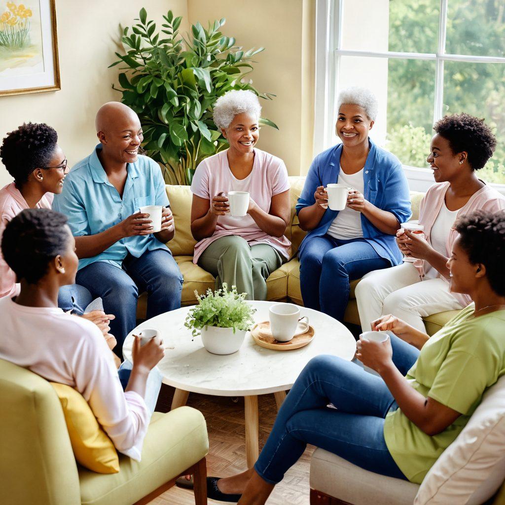 A warm and inviting scene depicting a diverse group of cancer survivors gathered in a sunlit support group, sharing stories and laughter. Include elements of greenery and soft natural light to symbolize hope and healing. Highlight diverse people of various ages and backgrounds, with comforting objects like mugs of tea and cushions, conveying a sense of community and compassion. watercolor style. soft pastels. uplifting atmosphere.
